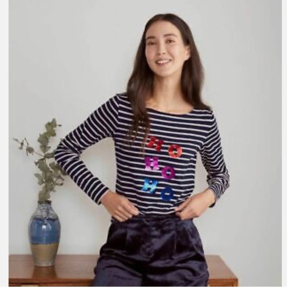Boden NWT Navy Stripe Christmas Breton Metallic Foil Graphic Tee
